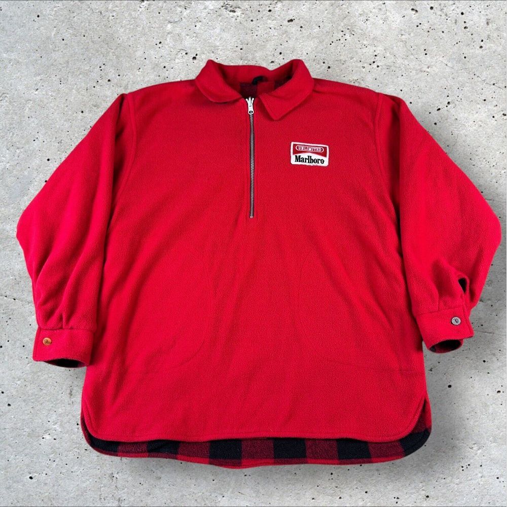 Vtg‎ Marlboro Reversible Fleece Jacket Pullover 1/4 Zip Large Buffalo Plaid 90s